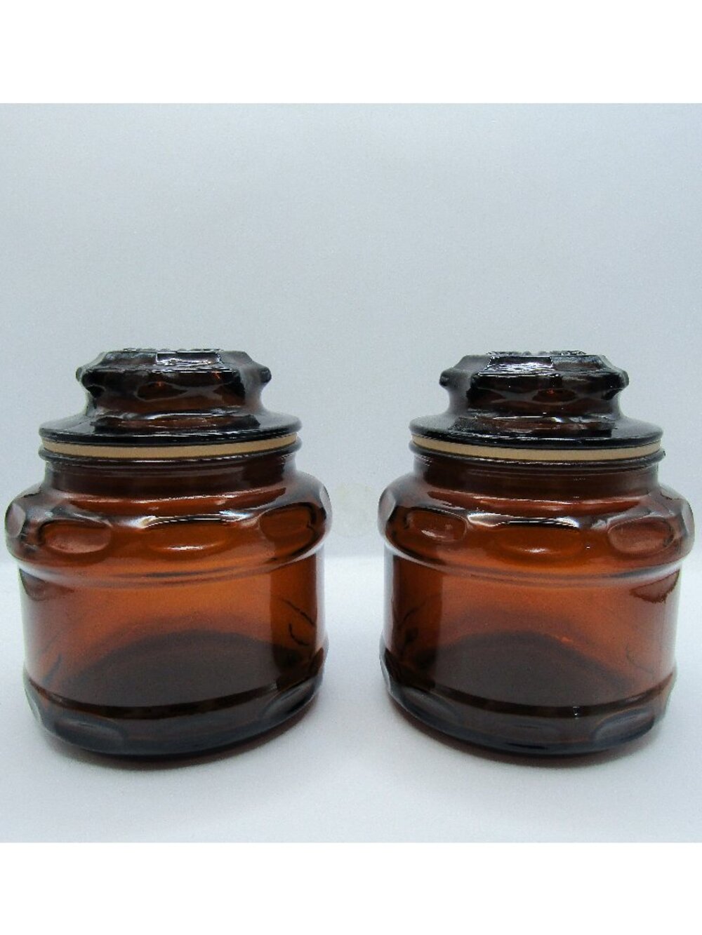 Two Dark Amber Apothecary Glass Jars